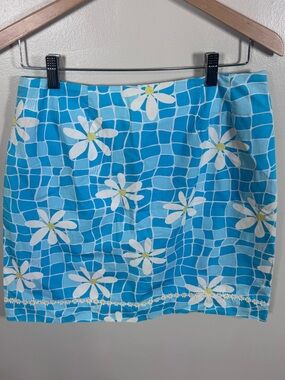 Vintage Lilly Pulitzer Size 6 Blue Daisy Flower Print Tropical A-Line Mini Skirt
